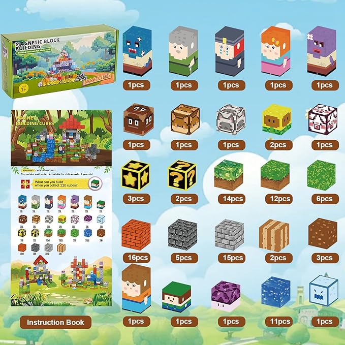 Magnetic Blocks - 110PCS Magnets Building Blocks World Set for Kids Ages 3-5 5-7 8-12, Magnetic Tiles Game Preschool Toys for 3 4 5 6 Year Old Girls Boys Gifts （STEM World）