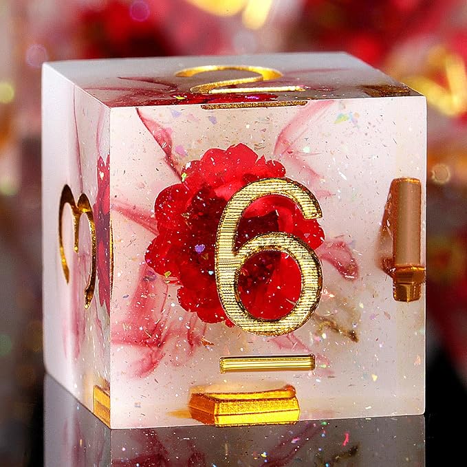 Flower D&D Dice ,DNDND Handmade Resin Sharp Edge Die with Gift Case for D&D Dungeons and Dragon Games (Red Flower)