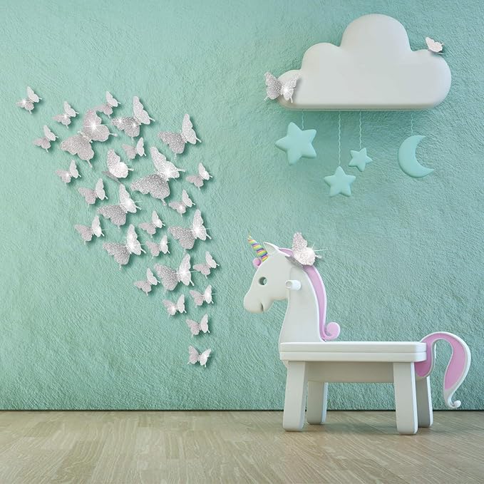 BBTO 48 Pieces Butterfly Wall Decor DIY Mirror 3D Butterfly Stickers Removable Decals for Home Bedroom School Bathroom Living Room Decor(Glitter Silver)