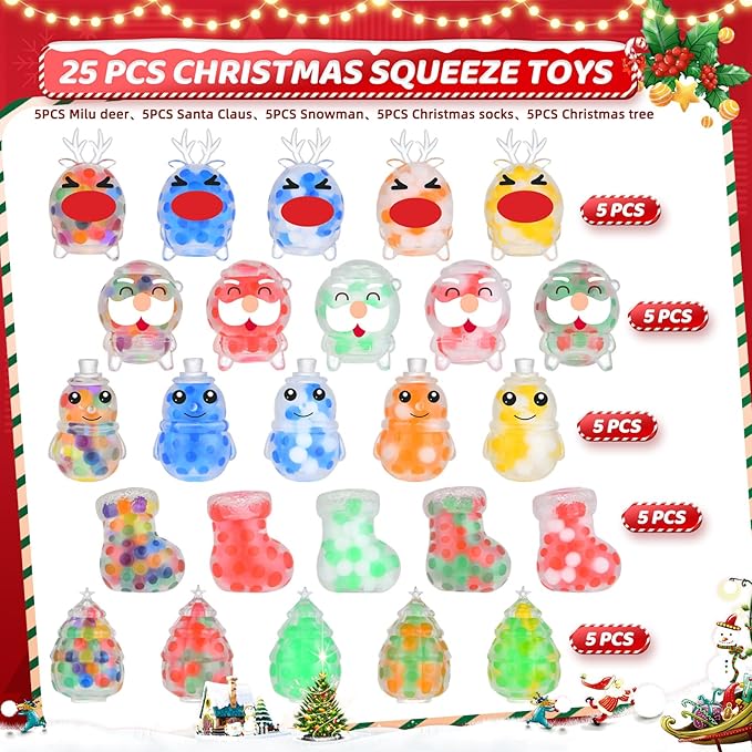 25 Pack Christmas Mini Squeeze Balls Toys, Christmas Stress Ball Pack Perfect for Christmas Party Favors Christmas Sock Fillers Gifts