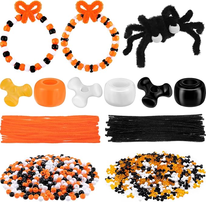 Hicarer 1250 Pieces Halloween Pony Beads DIY Kit Including 600 Pieces Halloween Crafts Pony 600 Pcs TRI Beads 50 Pcs Chenille Stems for Decor