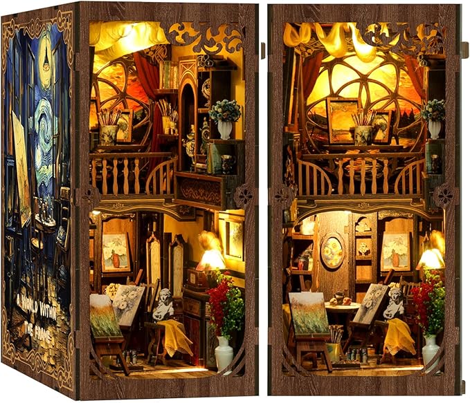 Book Nook Kit - DIY Miniature Dolls House Kit with Furniture and LED Light, 3D Puzzle Wooden Art Bookends, Model Kits for for Adults and Teens (The World in The Picture Frame)