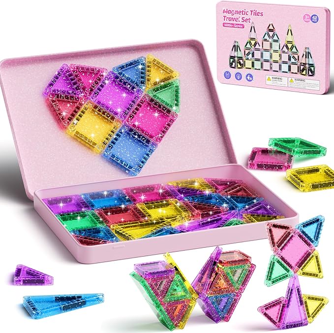 42-Piece Glitter Magnetic Tiles Travel Set with Pink Metal Box - Portable STEM Building Blocks for Kids Ages 3-8 Boys & Girls STEM Montessori Educational Toys for Airplane Car Rides