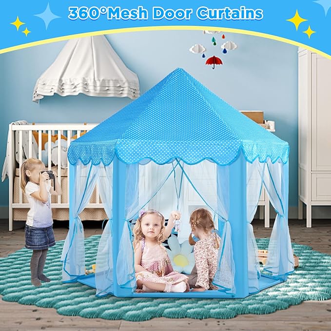 Monobeach Princess Castle Playhouse for Girls - Large Kids Tent with Star Lights for Indoor & Outdoor Play, 55'' x 53'' (DxH) (Blue Princess Tent with Little Star Lights)