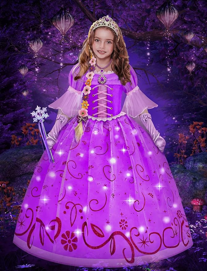 Light Up Princess Dress for Girls Purple Lighted Princess Costume Fancy Halloween Dress Up Cosplay Party Carnival