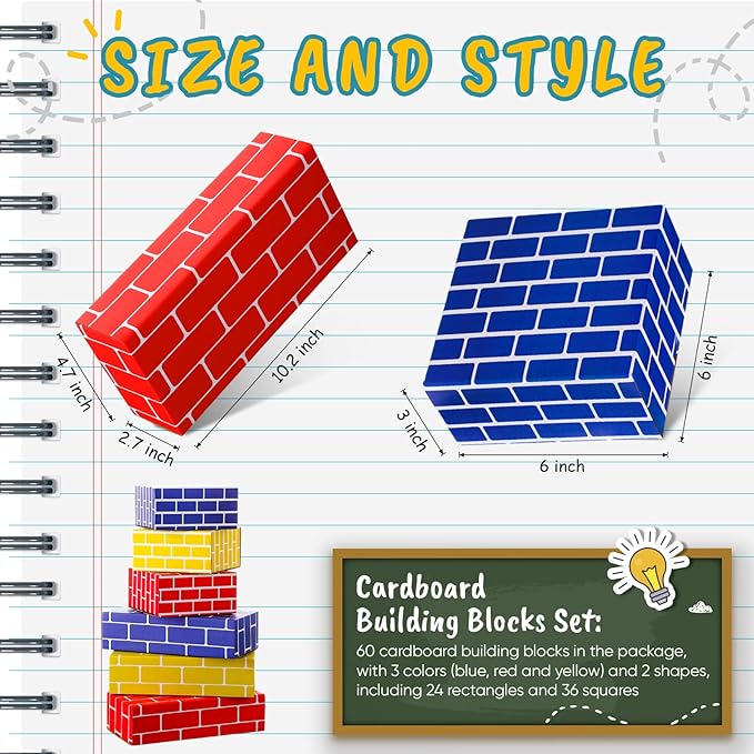 Nuanchu 60 Pcs Cardboard Building Blocks for Kids Large Jumbo Square Rectangle Thick Cardboard Pretend Bricks for Building Stacking Game(Classic Shapes)