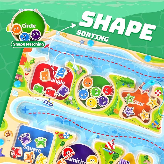 FCSONU Magnetic Color & Shape Maze, Toddler Montessori Toys for 3 4 5 Years Old Boy Girl Birthday Gifts, Wooden Magnetic Board for Kids Puzzles, Color Shape Sorting Magnet Toys, Preschool Activities