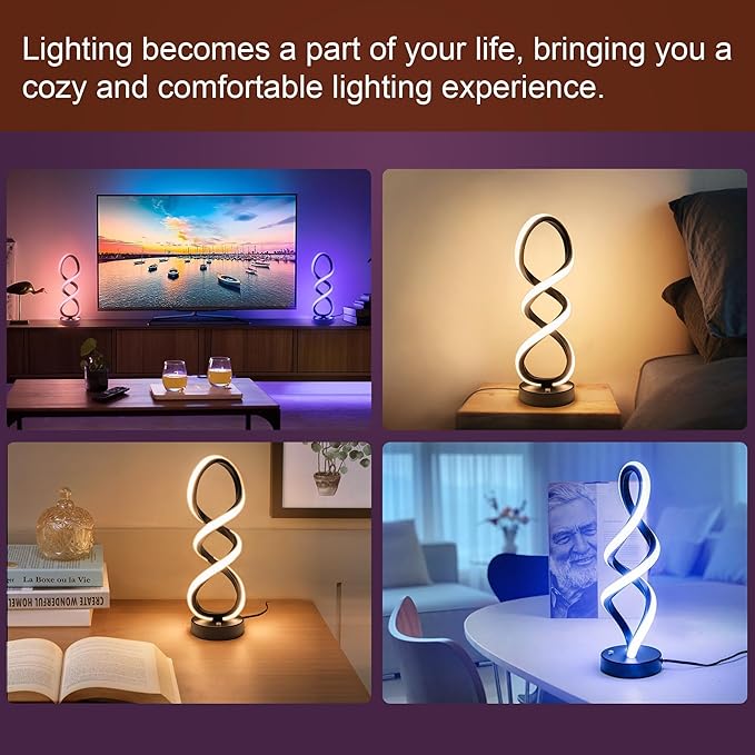 Modern Table Lamp, 7 Colors 10 Light Modes Spiral Design Table Lamp, Touch Dimmable Nightstand Lamp, Unique Bedside Lamp for Living Room, Bedroom, Cool Lamps, Black