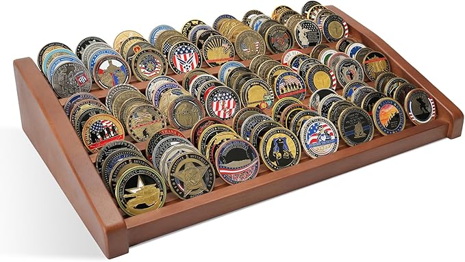Challenge Coin Display Holder, 12 Rows Solid Wood Military Coin Stand Holds 80-100 Coins, Army Coin Display Rack for Desk (Walnut Finish)