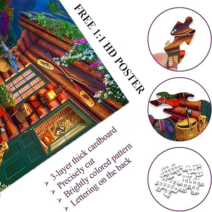 500-piece Moonlit Night Lakeside Cabin time Adult Wooden Puzzle, Intellectual Challenge, Stress-Relieving Puzzle, Relaxing Family Activity, Decoration, Size: 20.5 x 15 in