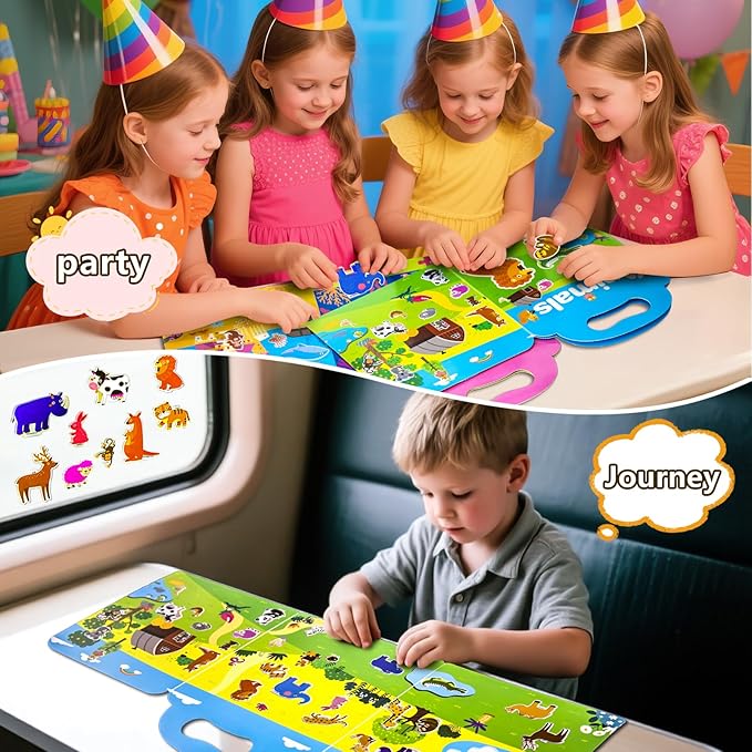 3 Pack Reusable Sticker Books for Kids, Waterproof Puffy Stickers - Match The Shape and DIY Scene, Toddler Travel Essential Quiet Time Activities Toys - Animal, Ocean and Insect (2-6 Age)