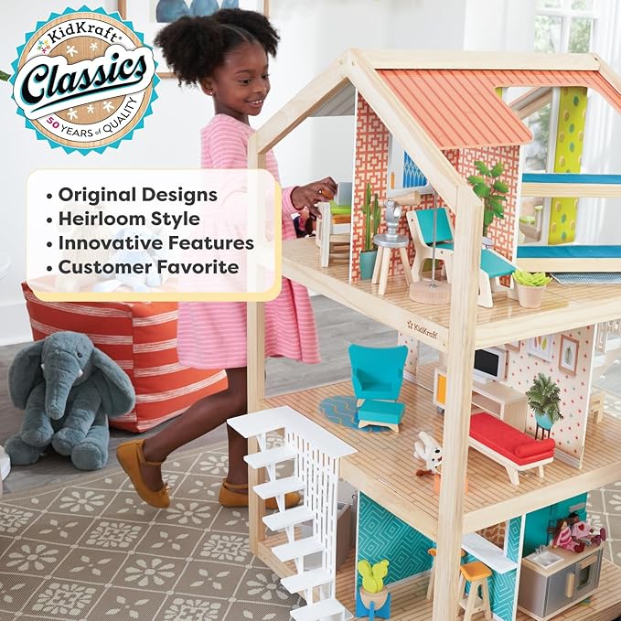 KidKraft So Stylish Mansion Wooden Mid-Century 360-Play Dollhouse with Wheeled Base and 42 Accessories, Gift for Ages 3+