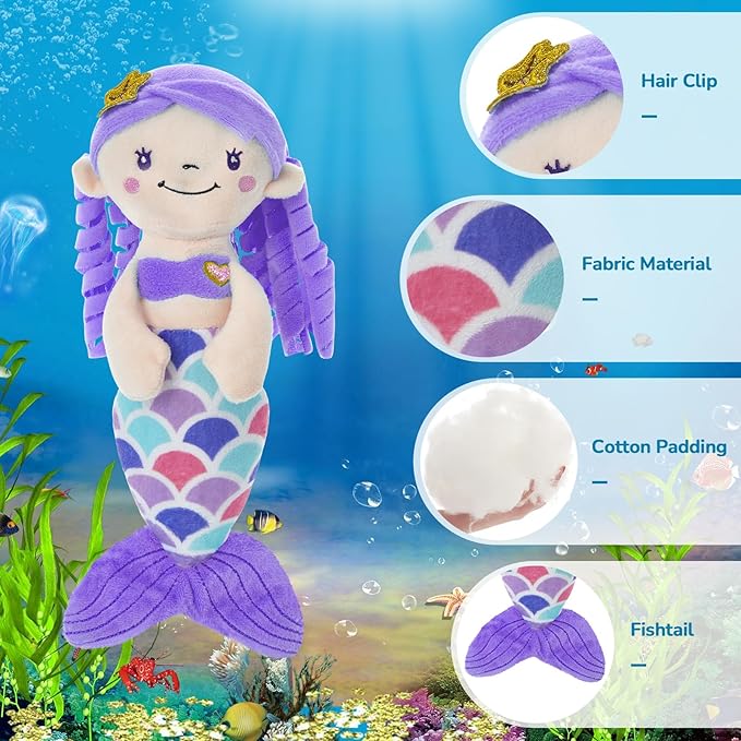 Athoinsu 12'' Purple Mermaid Stuffed Animal Soft Cute Adorable Mermaid Princess Plush Toy Doll Birthday Children's Day Decors for Toddler Girls