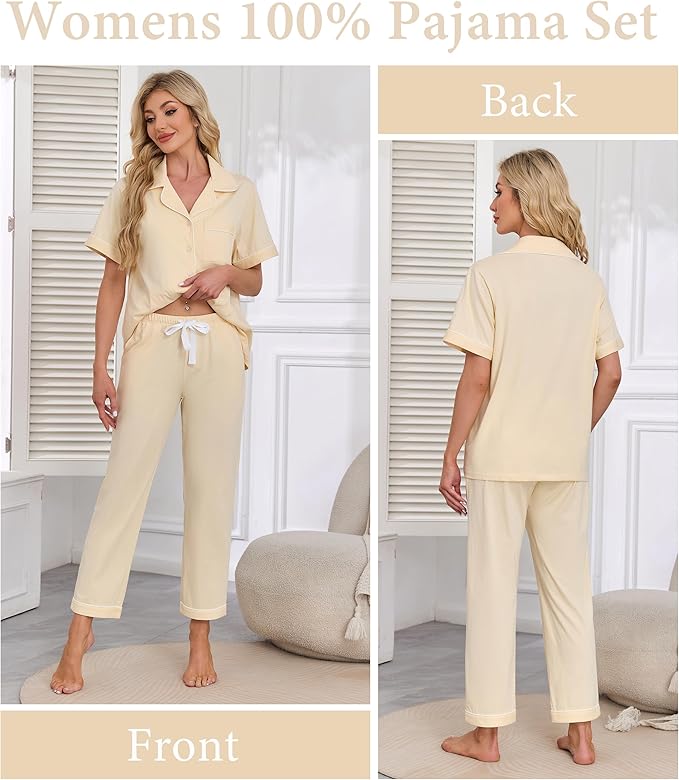 CF Womens 100% Cotton Pajamas Set Button Down Pjs Sets Short Sleeve Top & Long Pants Sleepwear Comfy Loungewear with Pockets