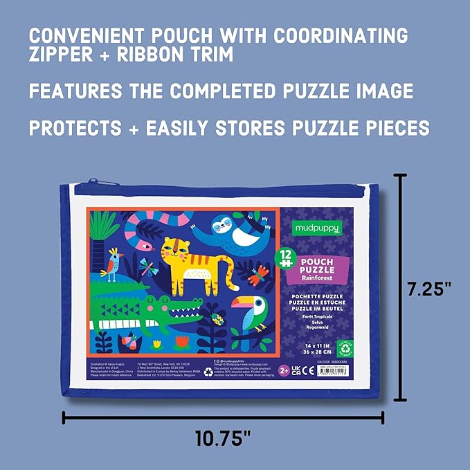 Mudpuppy Rainforest – 12 Piece Puzzle with Reusable Zipper Pouch Featuring Colorful and Fun Illustrations of Jungle Animals Perfect for Easy Storage and Travel