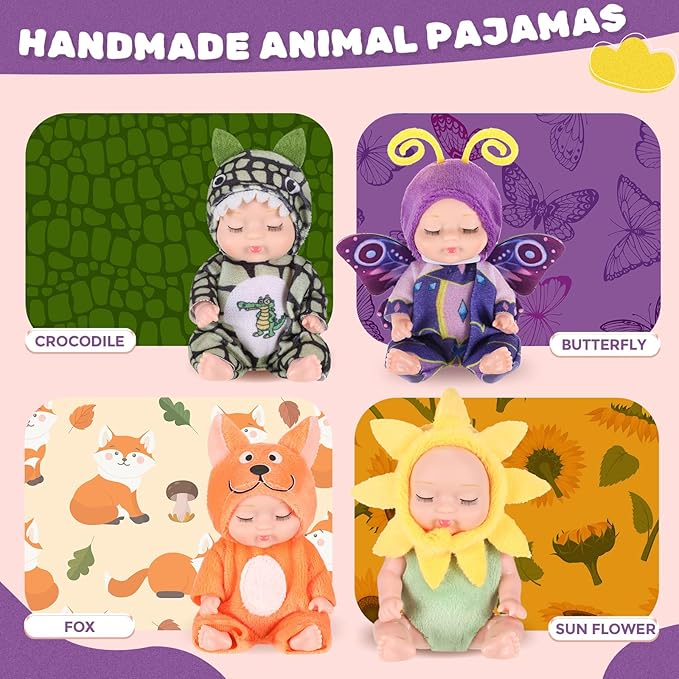 Hanaive 4 Pcs 4 Inch Mini Baby Dolls Lifelike Realistic Baby Dolls Animal Clothes Cute Tiny Gifts for Kids Birthday Party(Novelty Style)