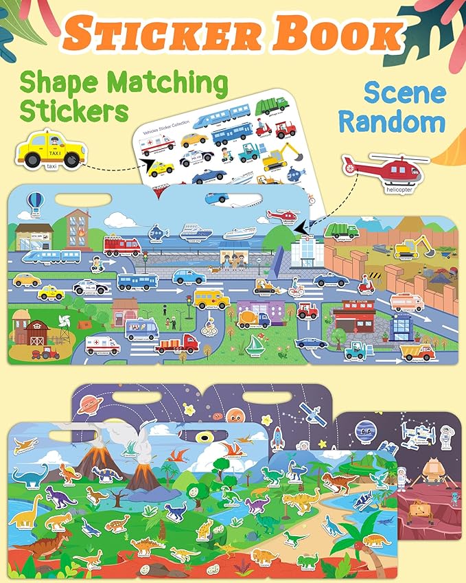 Benresive Reusable Sticker Book for Toddlers 2-4 Years, 3 Sets Travel Stickers for Kids, Waterproof Sticker Books for Toddlers 1-3, Crafts Activities for Todddlers 1-3 2-4 3-5