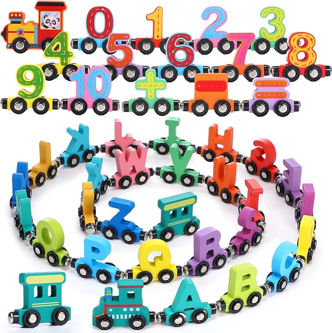 43 Pieces Magnetic Wooden Alphabet Number Toy Trains Set for Kids Toddlers, Including 26 Alphabet and 14 Number Trains with 3 Locomotives, Learning Toys for Kids Toddlers Preschool Learning Gift