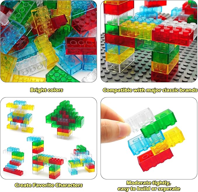 150 Pieces 2x4 Translucent Building Bricks -5 Colors Crystal-Clear Classic Block Toy Fully Compatible with Major Brands Educational Construction Toy for Boys Girls 6 Years Old and Up (Multicolor 150)