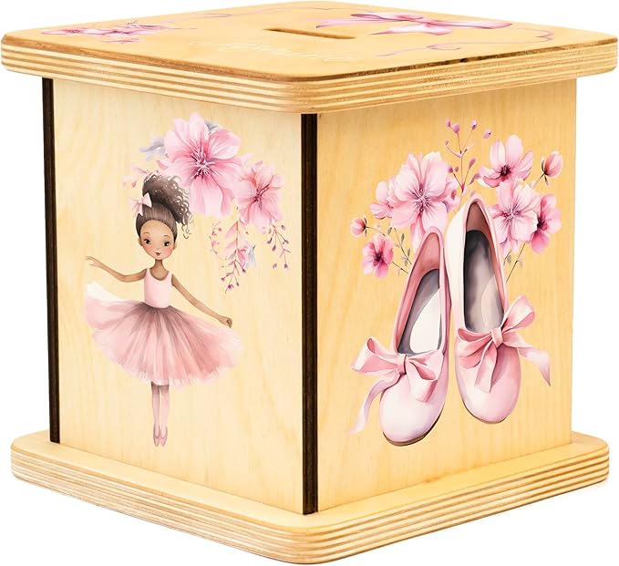 Wooden Piggy Bank for Kids and Adults, Personalized Gift Handmade in USA by BloomOwl, Custom Piggy Bank, Personalized Banks for Kids, Gifts for Baby Boys and Girls (Ballerina)