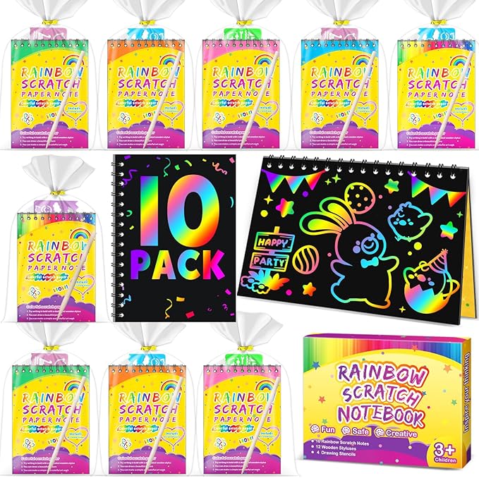 Party Favors for Kids 4-8-12: 10 Pack Scratch Rainbow Art Crafts Notebook, Coloring Book Goodie Bags Stuffers Kit, Bulk Birthday Gift Classroom Prizes Girl Boy Toddler