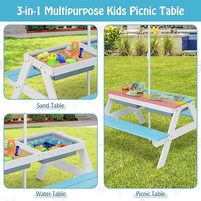 HONEY JOY Kids Picnic Table, 4 in 1 Cedar Wooden Sand & Water Table w/ 2 Removable Box & Umbrella, Kids Picnic Tables for Outdoors Backyard Garden, Toddler Patio Furniture Set for Boys Girls(Blue)