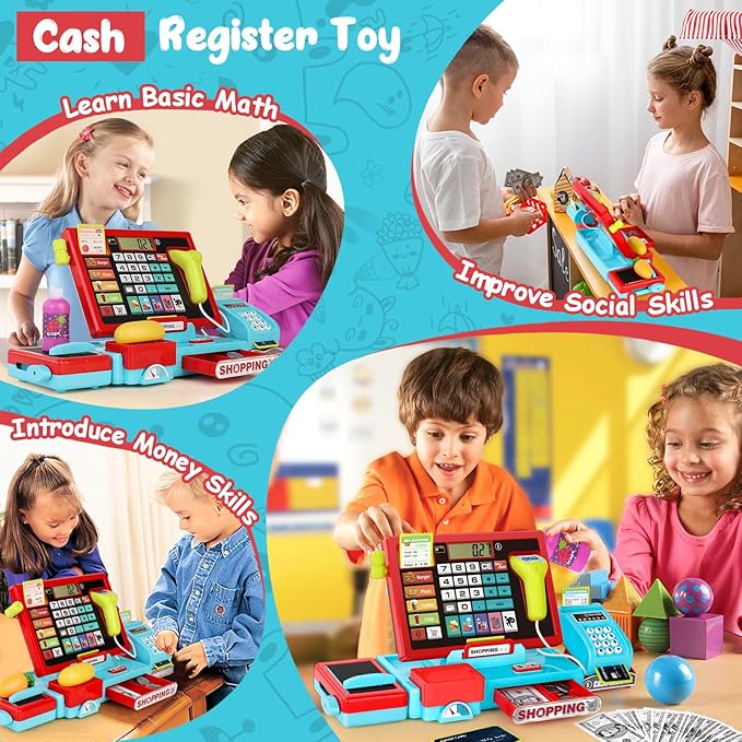 52PCS Toy Cash Register for Kids with Sound Music/Scanner/Microphone/Credit Card/Play Money, Pretend Learning Toy Kids Cash Register, Christmas Birthday Gift for Toddlers Girl Boy Age 3 4 5 6