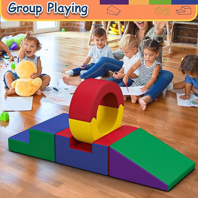 TOLEAD Foam Climbing Toys for Toddlers,4 Pcs Climb & Crawl Soft Play Set for Kids, Safe Indoor Tunnel for Toddler Gym with Pad,Easy to Clean