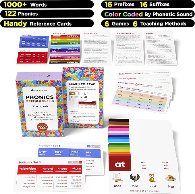 Think Tank Scholar 1000+ Words Phonics Flash Cards + Prefixes & Suffixes (Award Winning) 122 Phonics, 6 Teaching Methods & 6 Fun Games – Preschool, Kindergarten 1st, 2nd, 3rd Grade Homeschool Ages 4-8