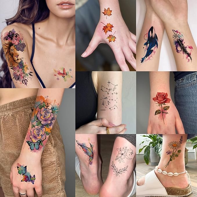 77 Sheets Nature Animal Temporary Tattoo for Women Men, 17 Sheets Half Arm Large Lion Flower Owl Fake Tattoos, 60 Sheets Butterfly Clock Black Tiny for Adult Kids Body Tattoos Stickers Realistic