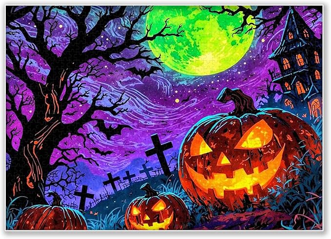 1000-piece Halloween - Scary Pumpkin Graveyard Adult Wooden Puzzle, Intellectual Challenge, Stress-Relieving Puzzle, Relaxing Family Activity, Decoration, Size: 29.5 x 19.7 in