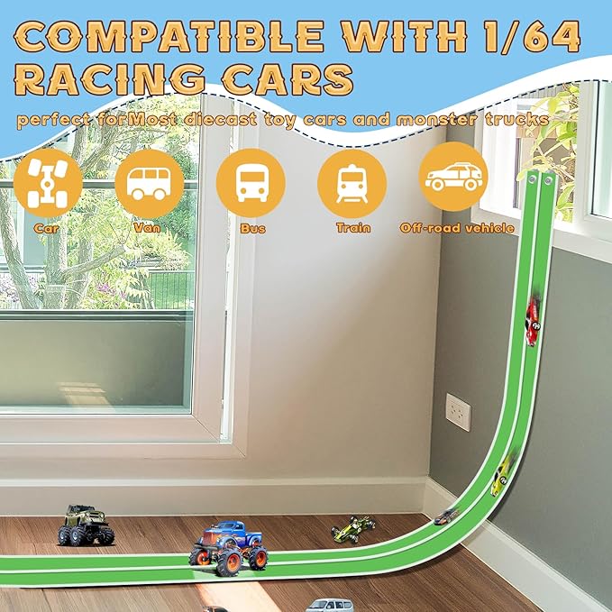Flex Track 15 Ft Starter Set, Flexible Race Car Ramp Track for Ages 3 & Up with Suction Cups Compatible with Diecast 1/64th Cars