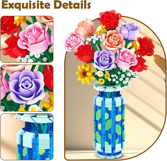 Roses Flowers Building Set with Vase & LED Light, Mother's Day 16 Mini Flowers Bouquet Botanical Building Blocks Toy, Birthday Gifts for Adults, Artificial Flowers for Home Decor & Display