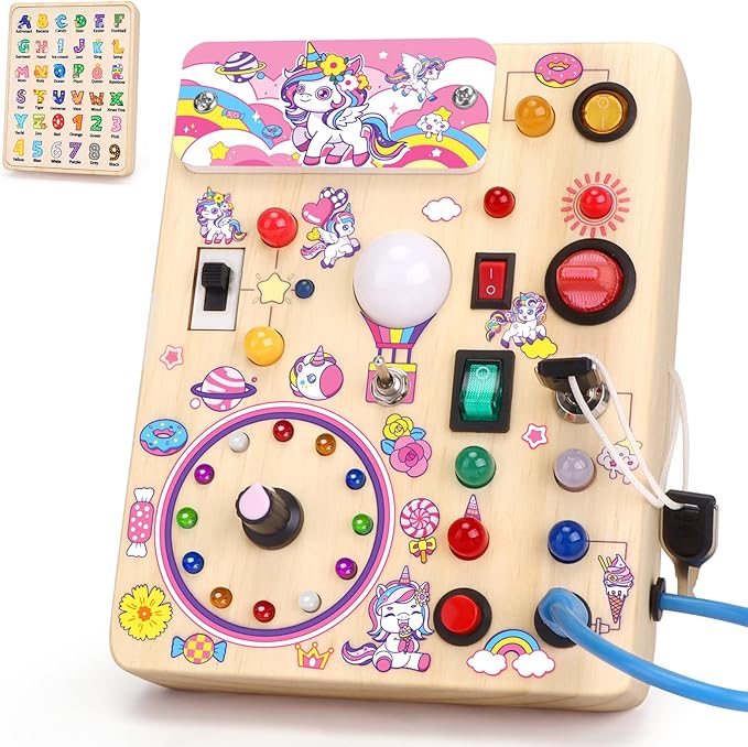 Toddler Busy Board,Montessori Toys for 1-3 Years Old,Baby Sensory Board,Wooden Learning Toys,Christmas & Birthday Gift for Boys & Girls (Unicorn Busy Board v2)