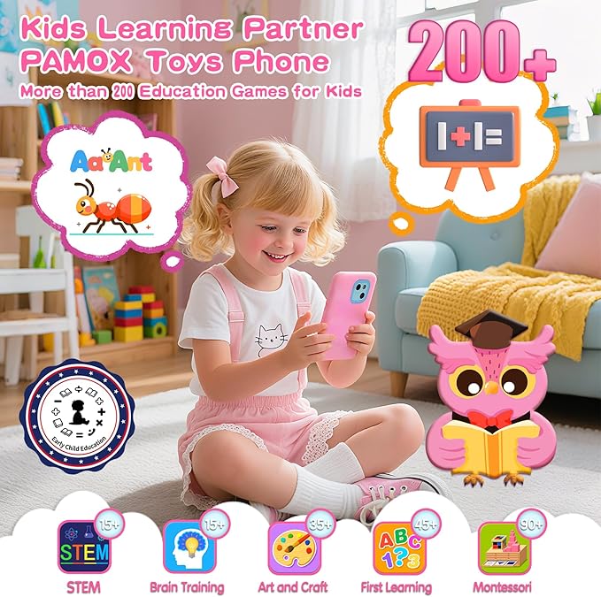 Kids Toy Phones with Dual Camera, Learning Toys Phones Gifts for Kid 3-12 with 200+ Educational Puzzle Games, 4" Touchscreen Rechargeable Pink Child Smartphones with Parental Control