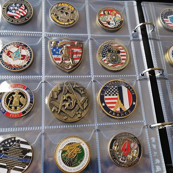 Challenge Coin Display Book Medals Holder for Collectors, 120 Pockets Large Military Coin Collecting Album with Zipper and Handle - Black