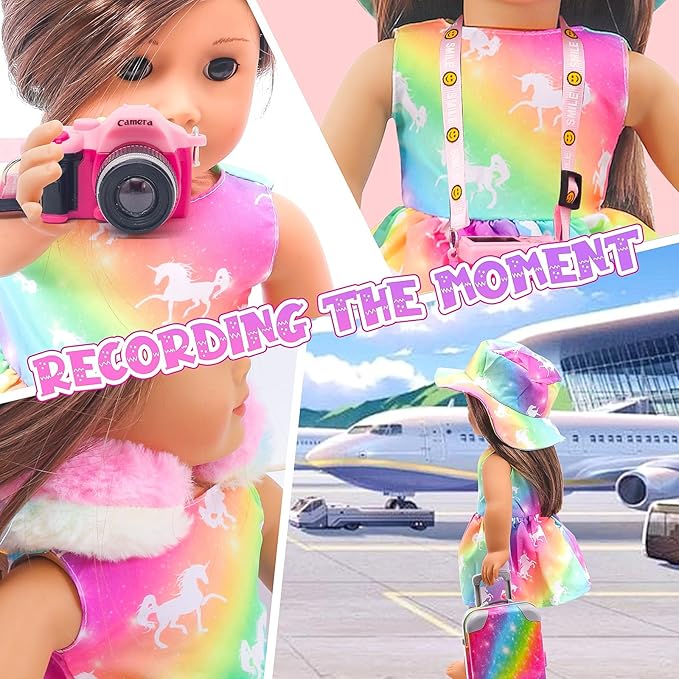 American 18 Inch Doll Accessories Travel Set Brilliant Colors Including Suitcase Luggage and Dress with Hat, Camera, Makeup Sets Dolls Travel Gear Play Set Gift for Birthday (NO Doll)