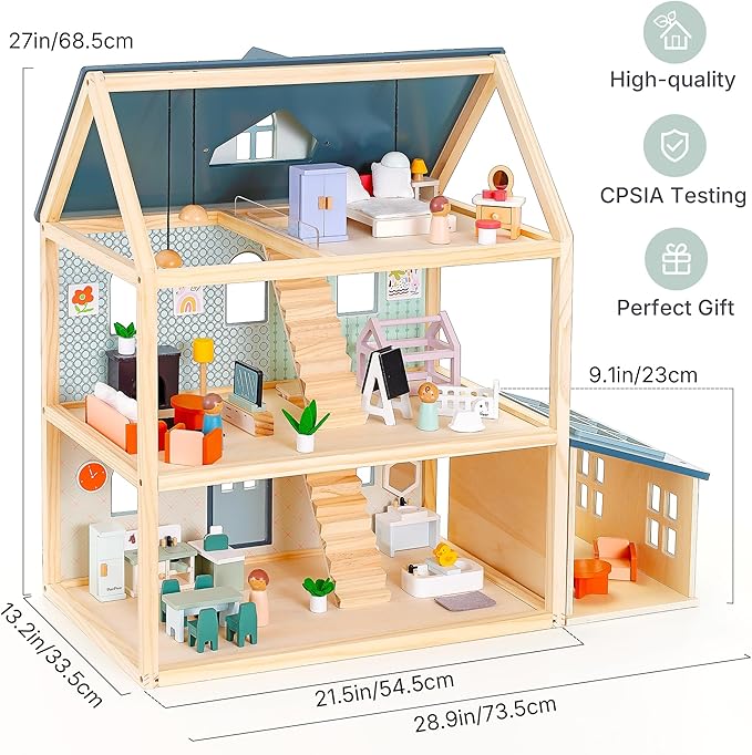 PairPear Large Wooden Dollhouse, 3 Story Play House with 64 Pieces Furniture Accessories & Garage, Pretend Play Family Dollhouse Gift for Kids 3+