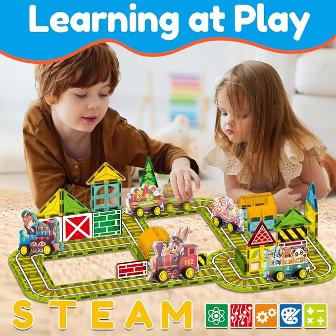 Oriate Rolling Magnet Train Set for Magnetic Tiles, 5pcs Magnet Tiles Toy Train for Road Magnetic Tiles, Free Wheel Animal Vehicles for City Magnetic, Kids Christmas Town Magnetic Tile Accessory