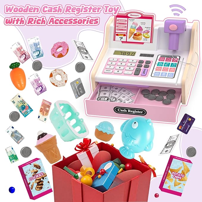 Wooden Cash Register for Kids, Rechargeable Kids Cash Register with Scanner, Pretend Play Cash Register Toy with Fake Money, Food, Credit Card, Toddler Boys Girls Age 2-4 4-8, Pink