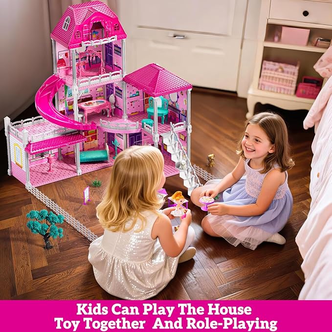 Girl House Toys for Girls 4-8, 3 Storey 6 Rooms Indoor Playset with Doll, Furniture and Accessories, Pretend Toddler Toy, Birthday Gifts for Girl Age 3-5 4-6 6-12
