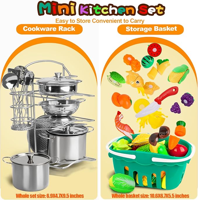 95PCS Kids Pretend Play Kitchen Toys Accessories, Kids Kitchen Playset, Stainless Steel Cookware Pots and Pans Cooking Toys, Pretend Cutting Play Food Set