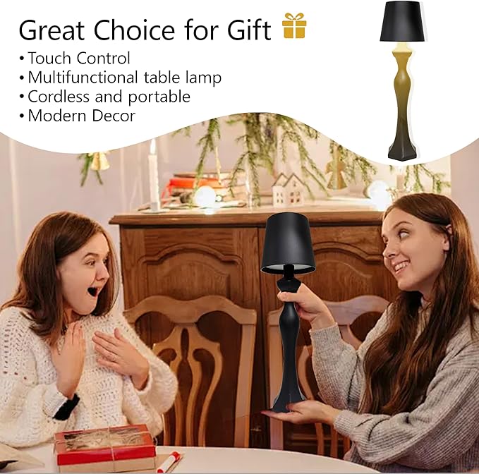Cordless Table Lamp, 5200mAh Rechargeable Battery LED Touch wireless Lamp, 3 Color Changing & Stepless Dimmer, Decorative Portable Nightstand Lamp for Bedroom Living Room Outdoor kitchen（2 Pack Black）
