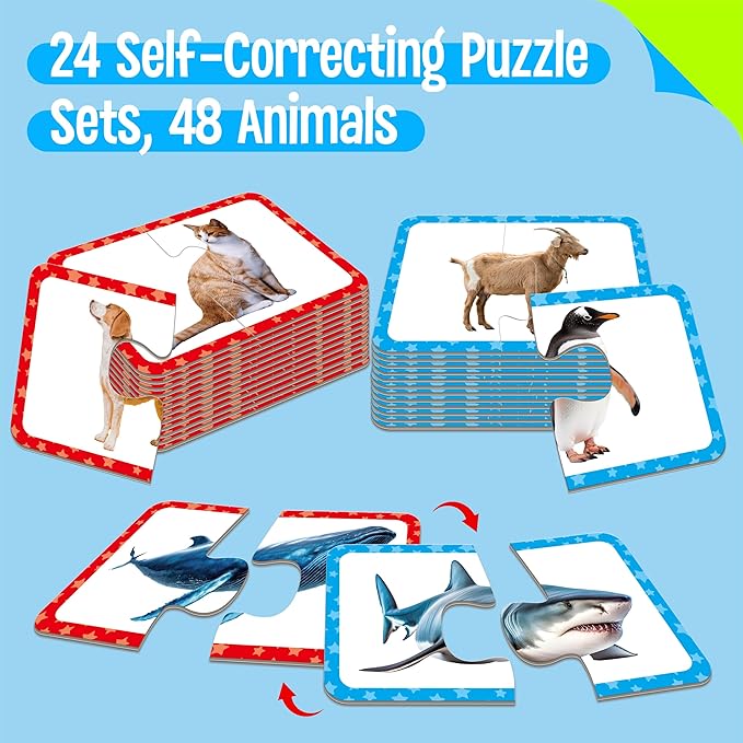 48 Animal Matching Puzzles with Error-Correction, Self-Correcting Puzzle Match Game Educational Learning Activities for Toddlers, Kindergarten, Animal-Themed Learning Games Toys for 3 Years Old