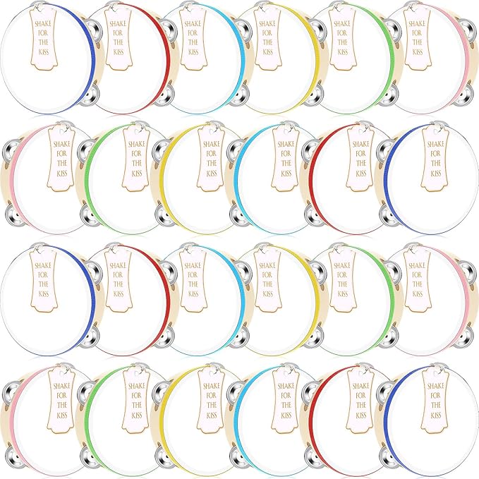 24 Set Tambourine for Adults Wooden Hand Held Drum with Metal Jingles, Gift Tags, White I Love You Printed Ribbon Percussion Gift Musical Instrument for Church Wedding Party (Colorful,6 Inch)