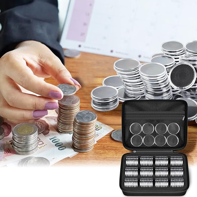 96 Pieces 46mm Coin Capsules, with Foam Gasket and Plastic Storage Organizer Box, 6 Sizes (20/25/27/30/38/46mm) Coins Collector Case Holder for Coin Collection Supplies(Black)