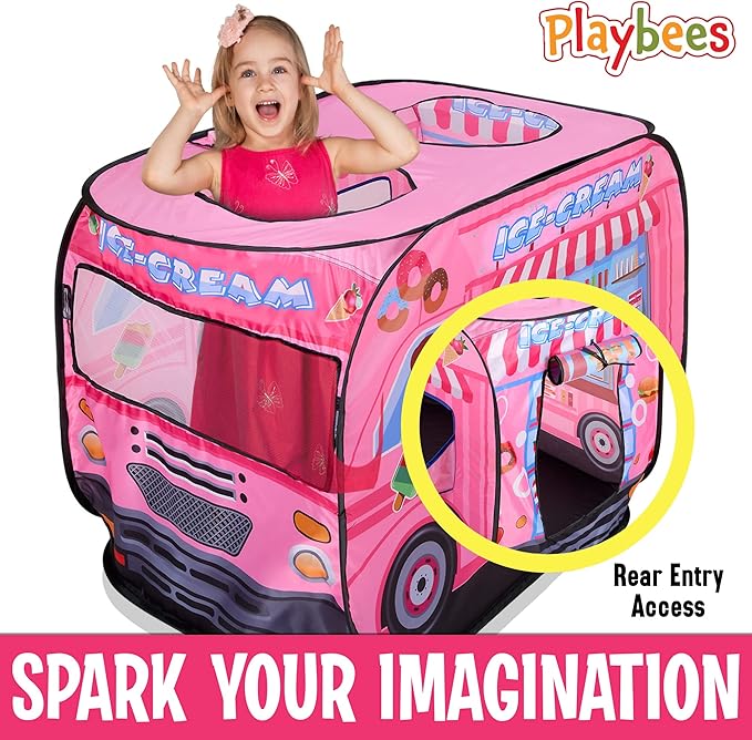 Playbees Musical Ice Cream Truck Pop Up Play Tent with 3 Openings - Tent for Toddlers - Indoor & Outdoor - Pop Up Tents for Kids - Includes Carry Bag and Sound Button- 43.5x28x26.5 Inch