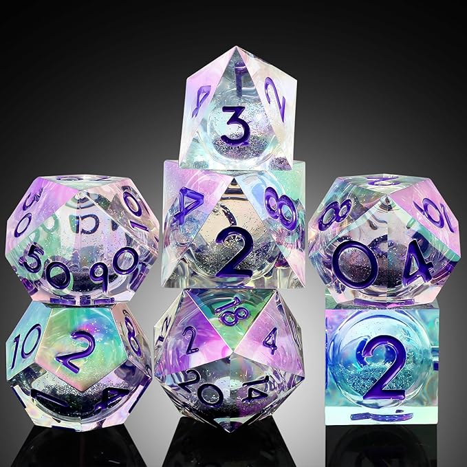 Sharp Edge Dice with Iridescent Plating, DNDND Handmade Liquid Core Resin D&D Dice Set with Dragon Metal Gift Case for Dungeons and Dragon Tabletop Games (Iridescent Plating Liquid)