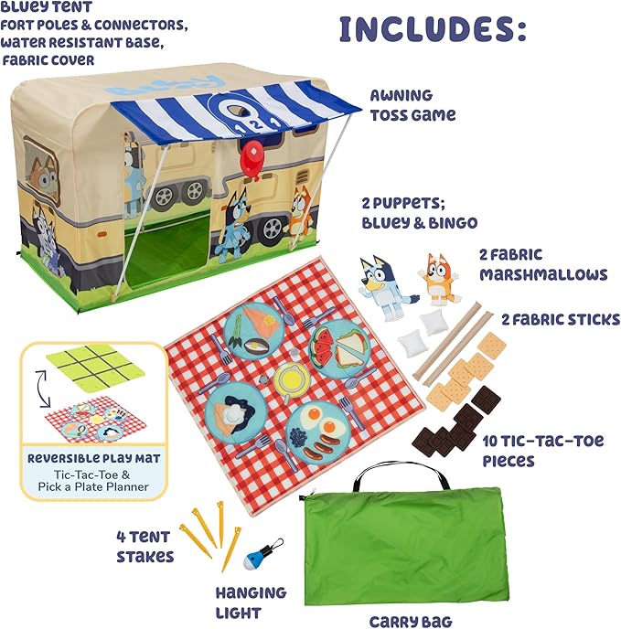 BLUEY Camping Activity Fort | Indoor and Outdoor Play House Toy for Kids | Includes Five Activities a Puppet Theater and Working Light