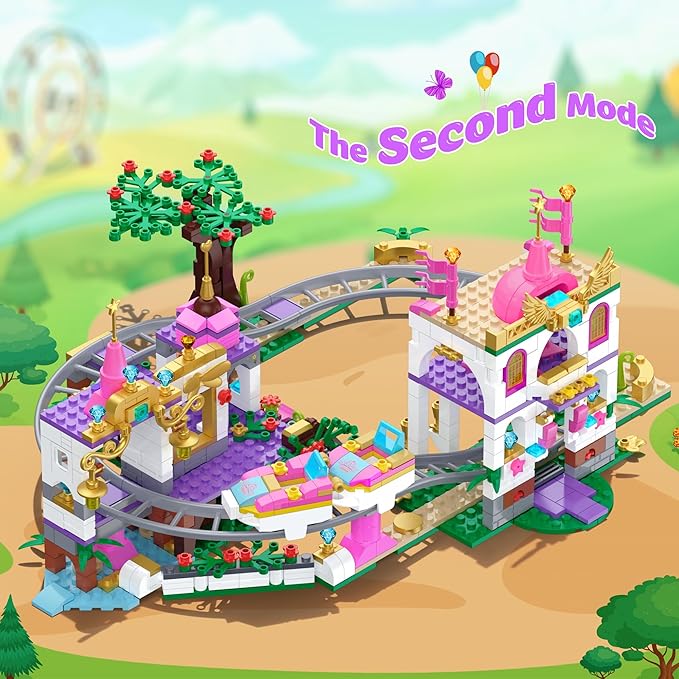 Castle Roller Coaster Building Set, STEM Amusement Park Construction Kit for Kids, Creative Pink Playground Blocks Birthday for Girls Boys Ages 6-12 (749Pcs)